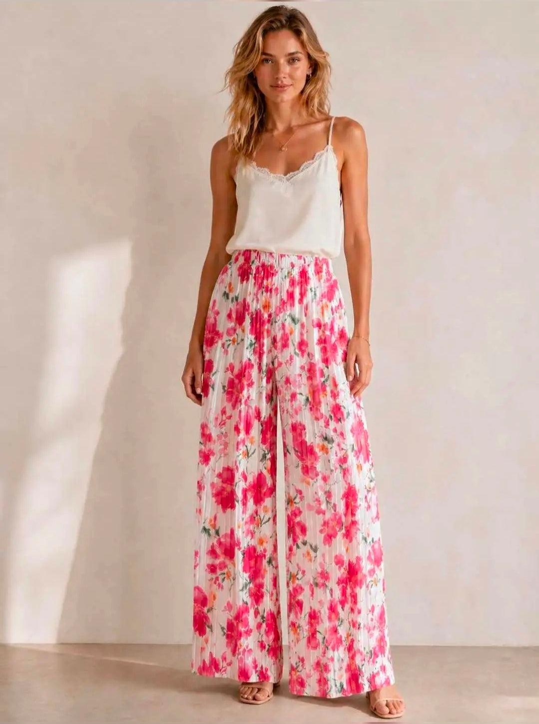 Pantalon plissé motif fleur
